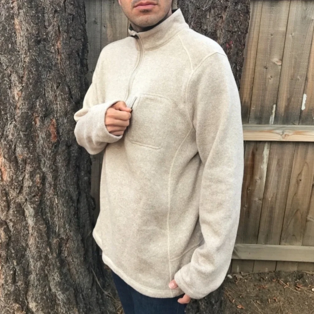 Woolrich Quarter Zip Collared Cream Sweater Chest Pocket Men's Large L Gorp EUC